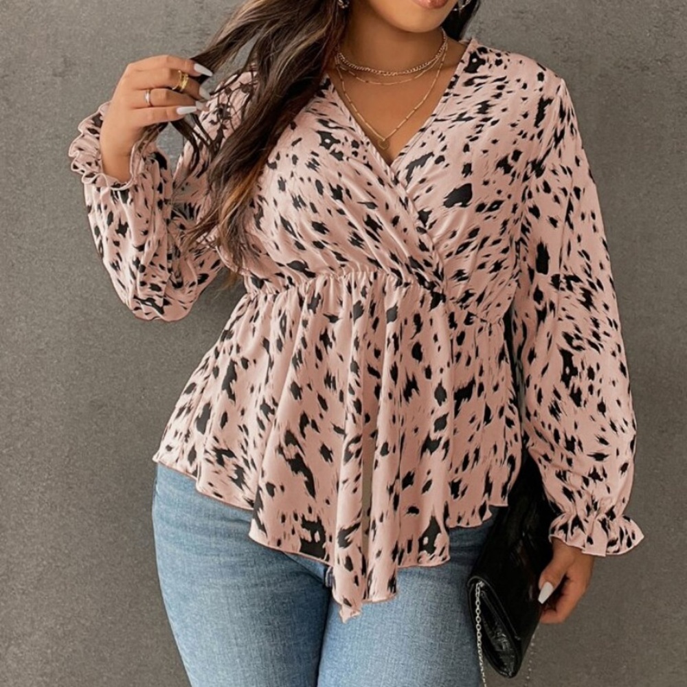 Flattering animal print top pink peplum long sleeve 1X